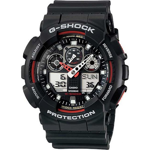Relógio Casio G-Shock Protection Preto com Detalhes em Vermelho GA-100-1A4DR