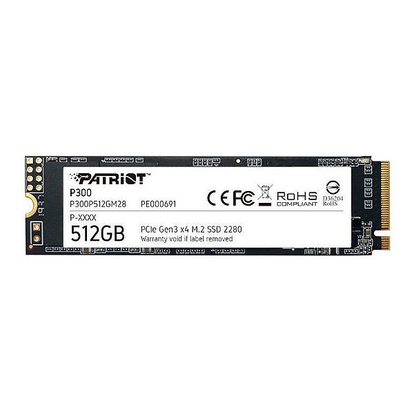 SSD PATRIOT P300, 512GB, M.2 2280, NVME PCIE, LEITURA 1700MB/S, GRAVACAO 1200MB/S, P300P512GM28