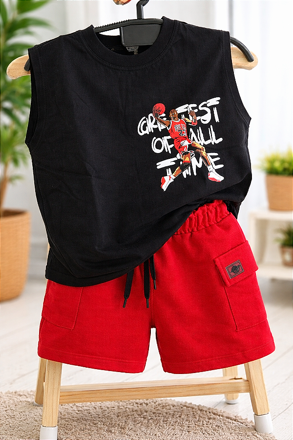 Conjunto Infantil Masculino Basquete Street Preto e Vermelho