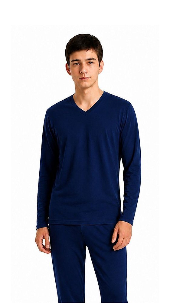 Ref. 1144 Pijama Juvenil Longo Liso Azul Marinho em Algodão