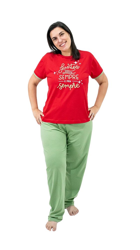 Ref. 3015 Pijama feminino manga curta com calça em malha - Sempre juntos (Vermelho)