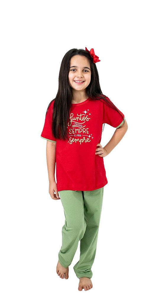 Ref. 3017 Pijama infantil feminino manga curta com calça em malha - Sempre juntos (Vermelho)