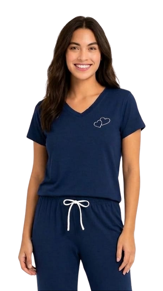 Ref. 8007 Pijama feminino manga curta com calça - azul marinho