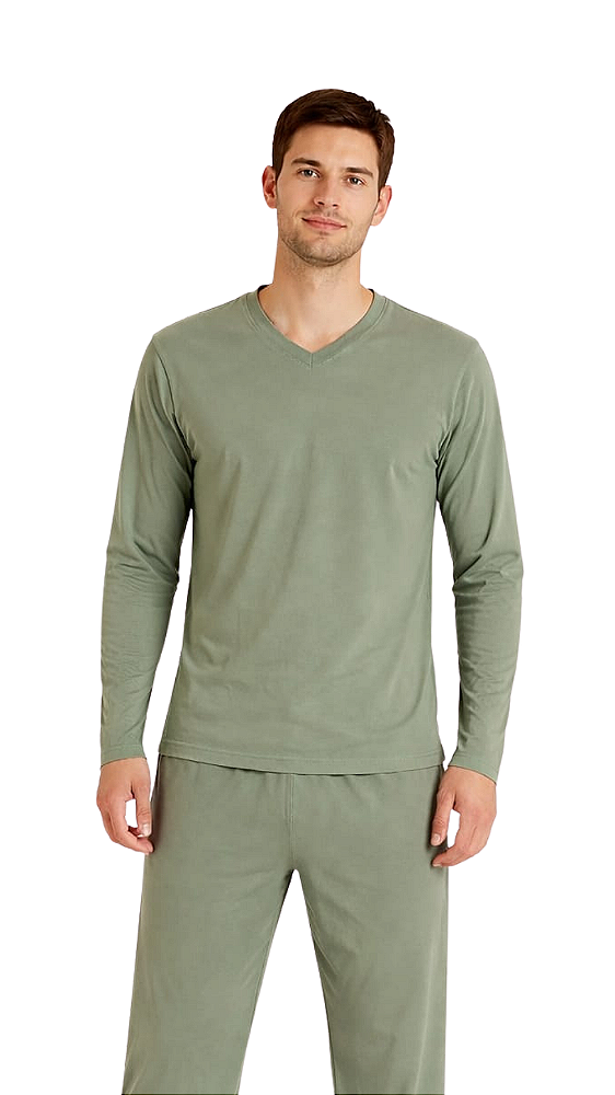 Ref. 9004 Pijama Masculino Longo Liso Verde Oliva em algodão