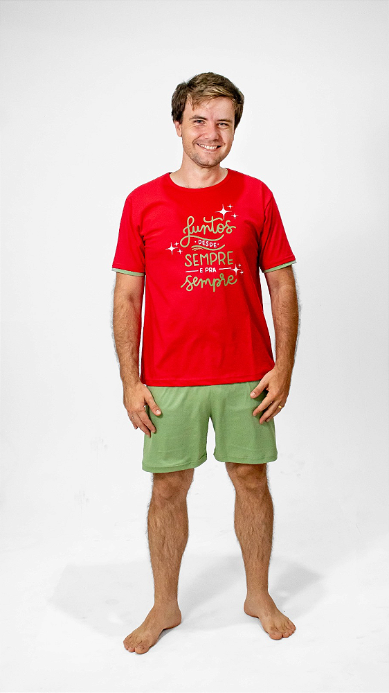 Ref. 4013 Pijama masculino curto em malha - Sempre juntos (vermelho)