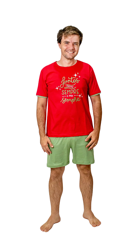 Ref. 4013 Pijama masculino curto em malha - Sempre juntos (vermelho)