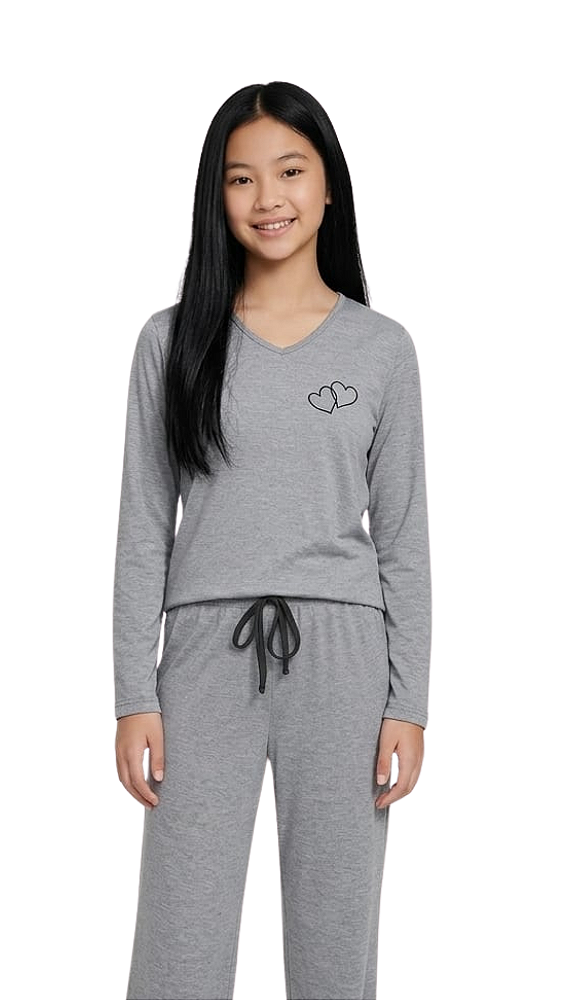 Ref. 1163 Pijama feminino juvenil longo - cinza mescla