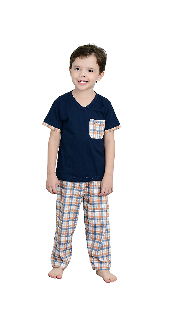 Ref. 3004 Pijama infantil masculino Manga curta com calça - azul marinho