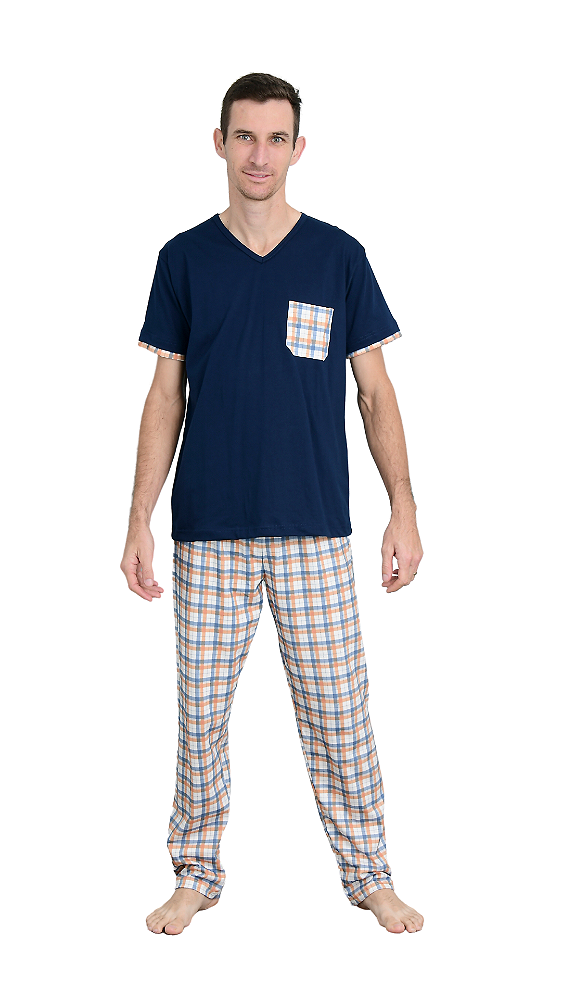 Ref. 3002 Pijama Masculino Manga curta com calça - azul marinho