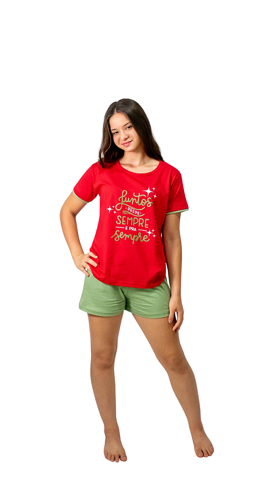 Ref. 4014 Pijama infantil feminino curto em malha - Sempre juntos (vermelho)