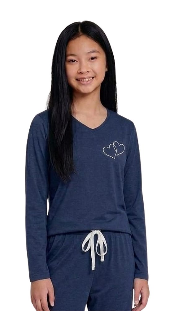 Ref. 1158 Pijama feminino juvenil longo - azul marinho