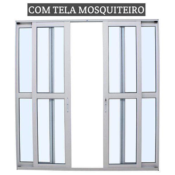 Porta de correr alumínio branco 4 folhas vidro liso incolor com fechadura com tela mosquiteiro - jap perfecta max