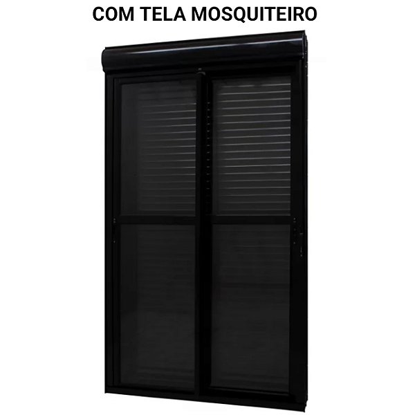 Porta com persiana integrada alumínio preto acionamento manual com fecho concha com tela mosquiteiro - jap caribe max