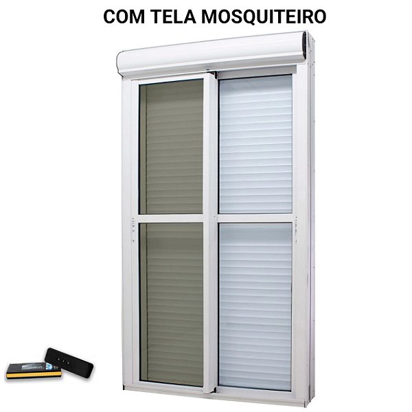 Porta com persiana integrada alumínio branco acionamento por controle remoto com fecho concha com tela mosquiteiro - jap caribe max