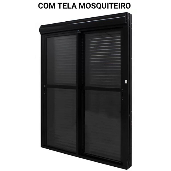 Porta com persiana integrada alumínio preto acionamento por interruptor com fecho concha com tela mosquiteiro - jap caribe max