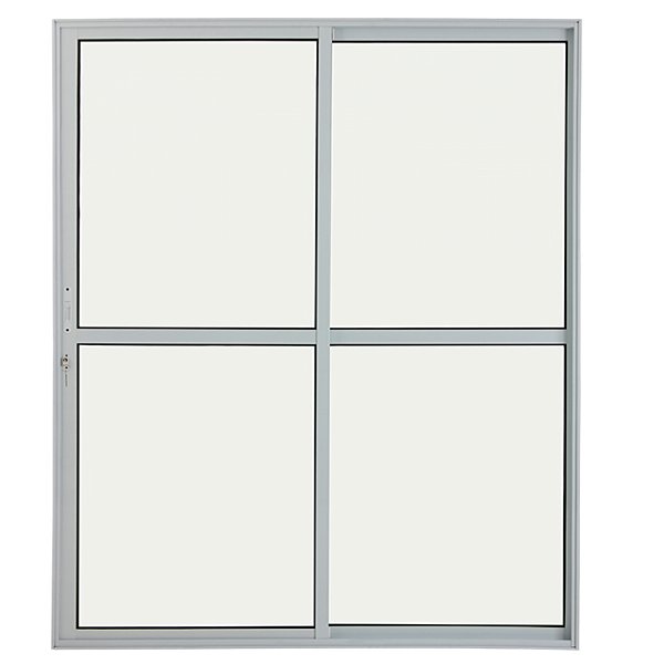 Porta de correr alumínio branco 2 folhas uma fixa vidro liso incolor com fechadura - linha 25