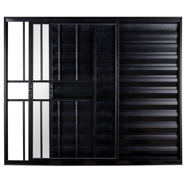 Janela veneziana alumínio preto 3 folhas uma fixa com grade vidro liso incolor - ecosul esquadrisul