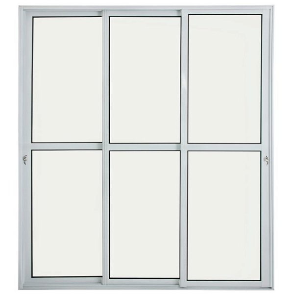 Porta de correr alumínio branco 3 folhas móveis vidro liso incolor com fechadura - linha 25