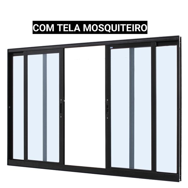 Janela de correr alumínio preto 4 folhas sem grade vidro liso incolor com tela mosquiteiro - jap caribe max