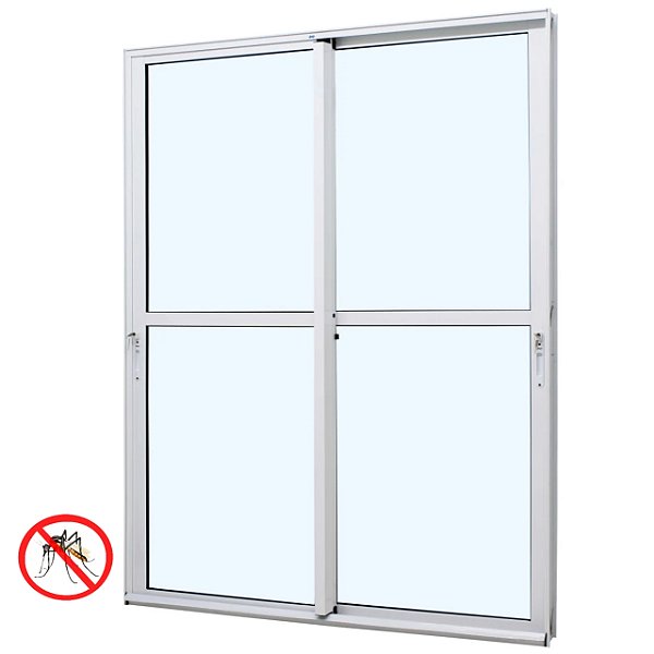 Porta de correr alumínio branco 2 folhas móveis vidro liso incolor com fechadura com tela mosquiteiro - jap caribe max