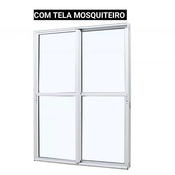 Porta de correr alumínio branco 2 folhas móveis vidro liso incolor com fechadura com tela mosquiteiro - jap caribe max
