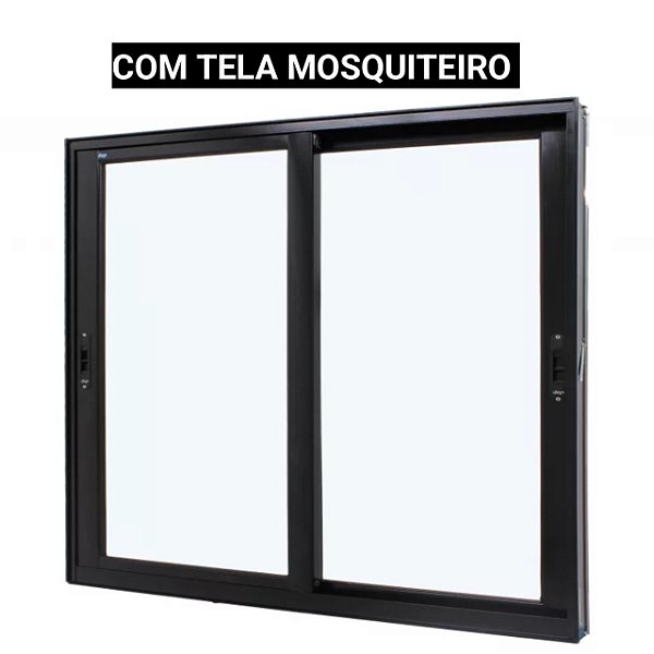 Janela de correr alumínio preto 2 folhas móveis sem grade vidro liso incolor com tela mosquiteiro - jap perfecta max
