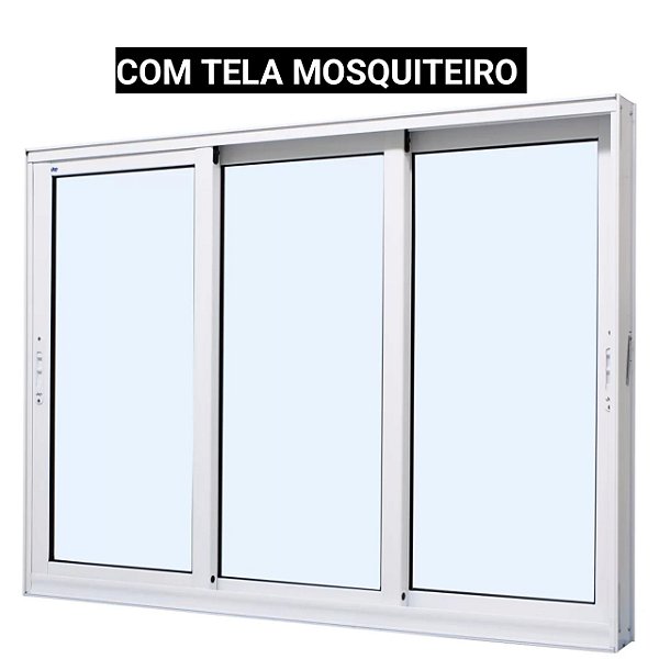 Janela de correr alumínio branco 3 folhas móveis sem grade vidro liso incolor com tela mosquiteiro - jap perfecta max