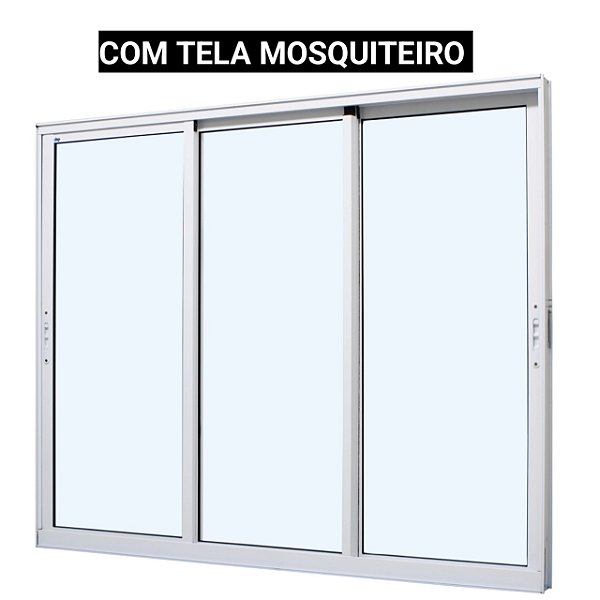 Janela de correr alumínio branco 3 folhas móveis sem grade vidro liso incolor com tela mosquiteiro - jap caribe max