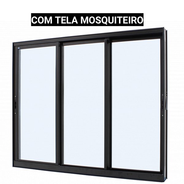 Janela de correr alumínio preto 3 folhas móveis sem grade vidro liso incolor com tela mosquiteiro - jap caribe max