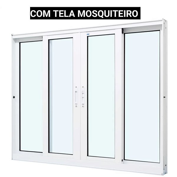 Janela de correr alumínio branco 4 folhas sem grade vidro liso incolor com tela mosquiteiro - jap perfecta max
