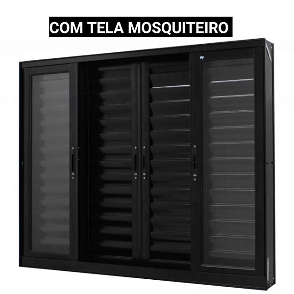 Janela veneziana alumínio preto 6 folhas sem grade vidro liso incolor com tela mosquiteiro - jap perfecta max