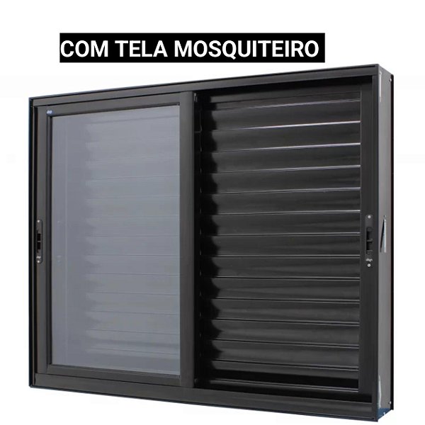 Janela veneziana alumínio preto 3 folhas móveis sem grade vidro liso incolor com tela mosquiteiro - jap perfecta max