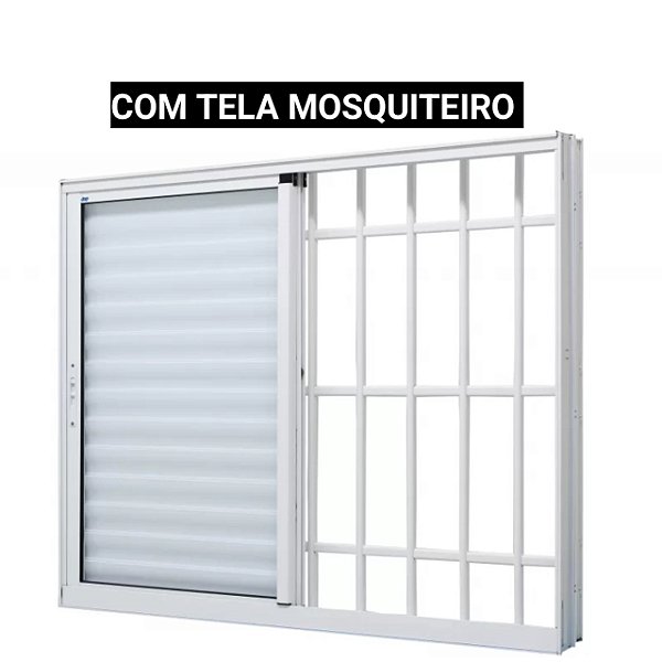 Janela veneziana alumínio branco 3 folhas móveis com grade vidro liso incolor com tela mosquiteiro - jap caribe max