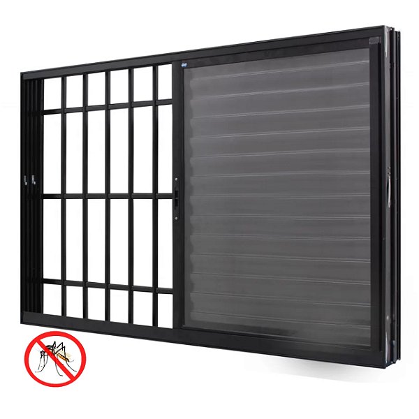 Janela veneziana alumínio preto 3 folhas móveis com grade vidro liso incolor com tela mosquiteiro - jap caribe max