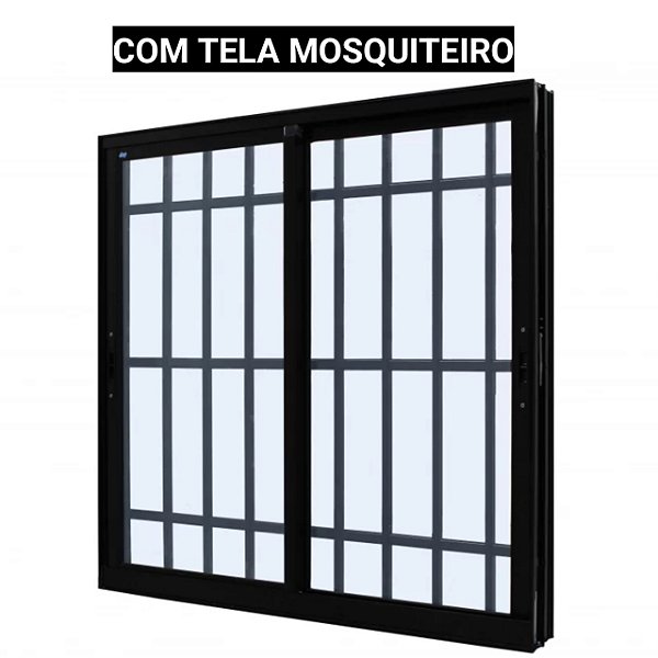 Janela de correr alumínio preto 2 folhas móveis com grade vidro liso incolor com tela mosquiteiro - jap perfecta max