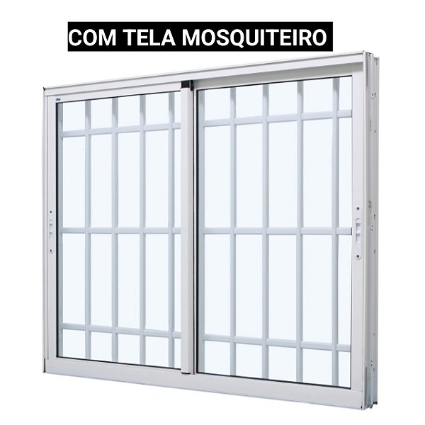 Janela de correr alumínio branco 2 folhas móveis com grade vidro liso incolor com tela mosquiteiro - jap caribe max
