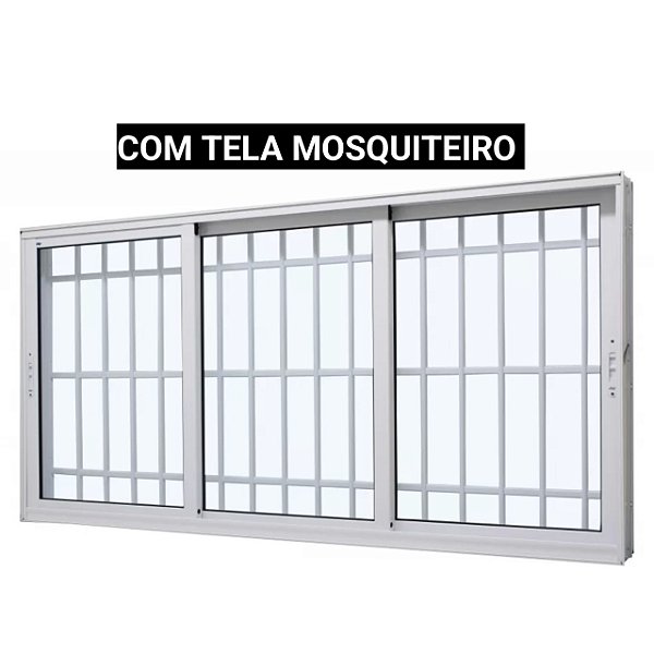 Janela de correr alumínio branco 3 folhas móveis com grade vidro liso incolor com tela mosquiteiro - jap perfecta max