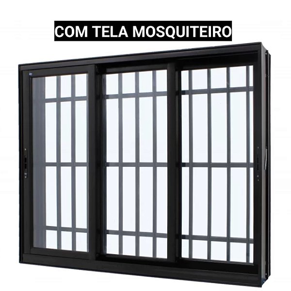 Janela de correr alumínio preto 3 folhas móveis com grade vidro liso incolor com tela mosquiteiro - jap perfecta max