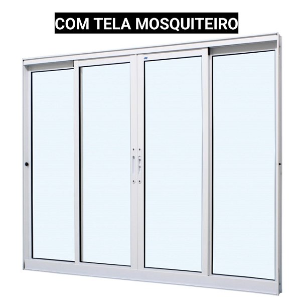 Janela de correr alumínio branco 4 folhas sem grade vidro liso incolor com tela mosquiteiro - jap caribe max