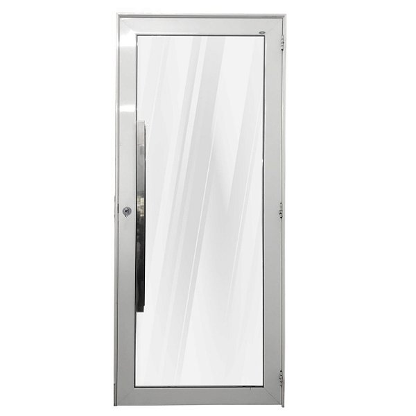 Porta alumínio branco vidro panorâmico liso incolor temperado 6mm com puxador e fechadura rolete - linha 30 topsul esquadrisul