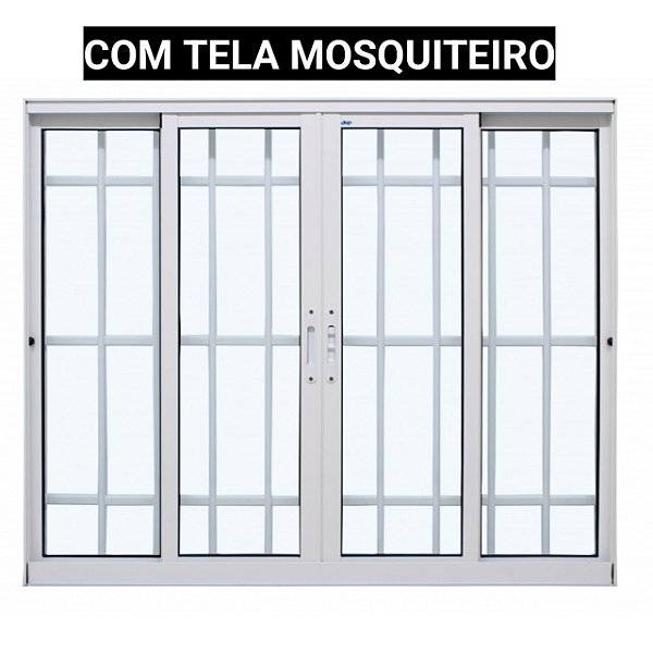 Janela de correr alumínio branco 4 folhas com grade vidro liso incolor com tela mosquiteiro - jap caribe max