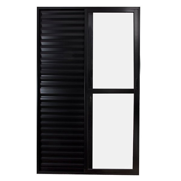 Porta balcão alumínio preto 3 folhas uma fixa vidro incolor com fechadura - linha 25