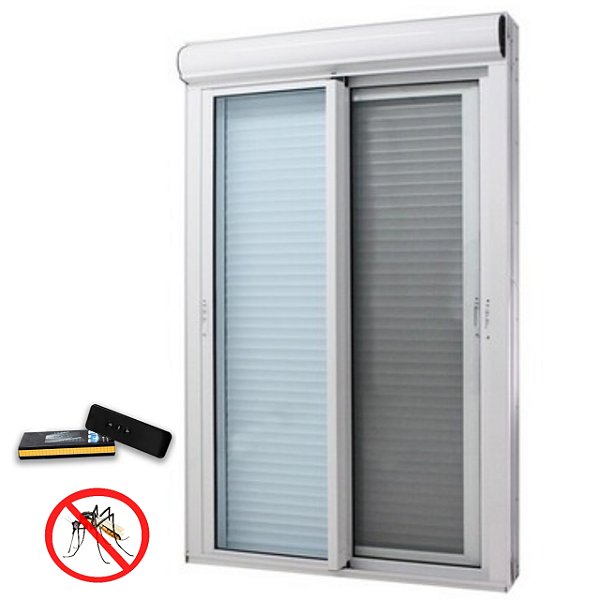 Porta com persiana integrada alumínio branco vidro temperado 6mm com fecho concha acionamento por controle remoto com tela mosquiteiro - jap caribe max
