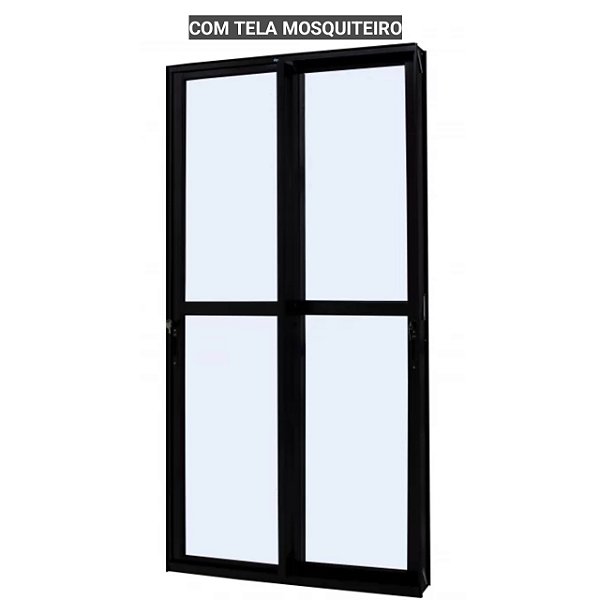 Porta de correr alumínio preto 2 folhas móveis vidro liso incolor com fechadura com tela mosquiteiro - jap caribe max