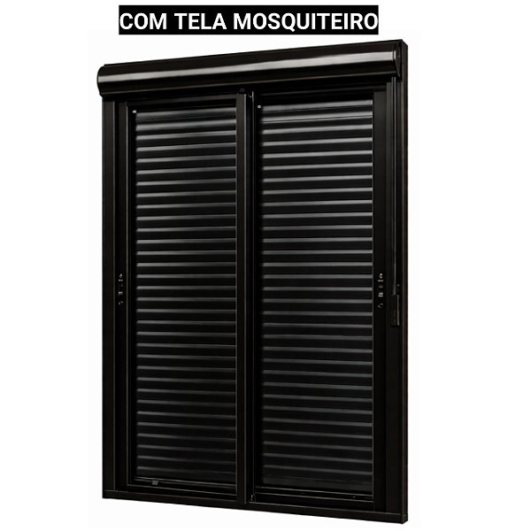Porta com persiana integrada alumínio preto vidro temperado 6mm com fecho concha acionamento manual com tela mosquiteiro - jap caribe max