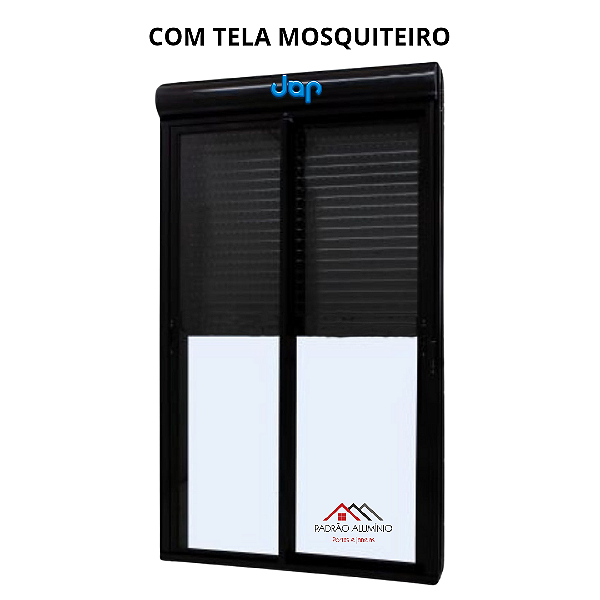 Porta com persiana integrada alumínio preto vidro temperado 6mm com fecho concha acionamento manual com tela mosquiteiro - jap caribe max