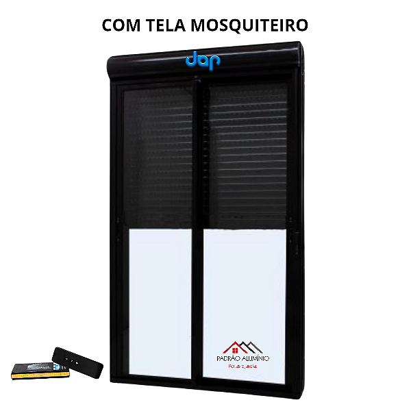 Porta com persiana integrada alumínio preto vidro temperado 6mm com fecho concha acionamento por controle remoto com tela mosquiteiro - jap caribe max