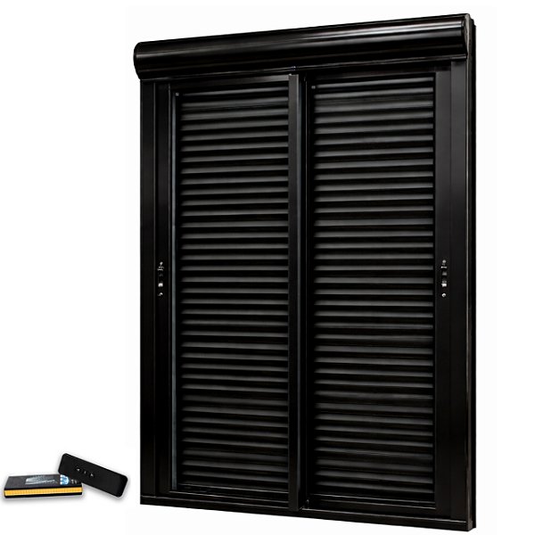 Porta com persiana integrada alumínio preto 2 folhas móveis vidro temperado 6mm com fecho concha acionamento por controle remoto - jap caribe max