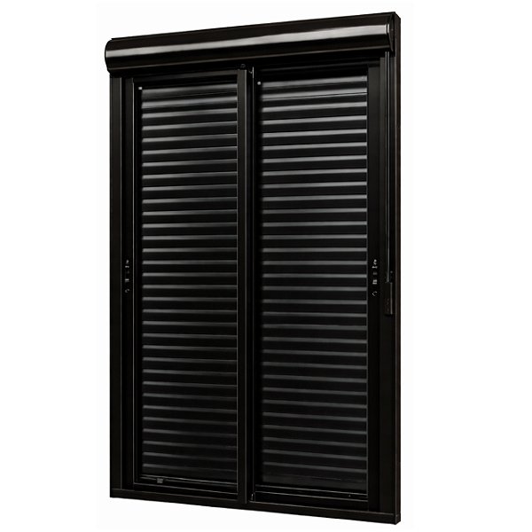 Porta com persiana integrada alumínio preto 2 folhas móveis vidro temperado 6mm com fecho concha acionamento manual - jap caribe max