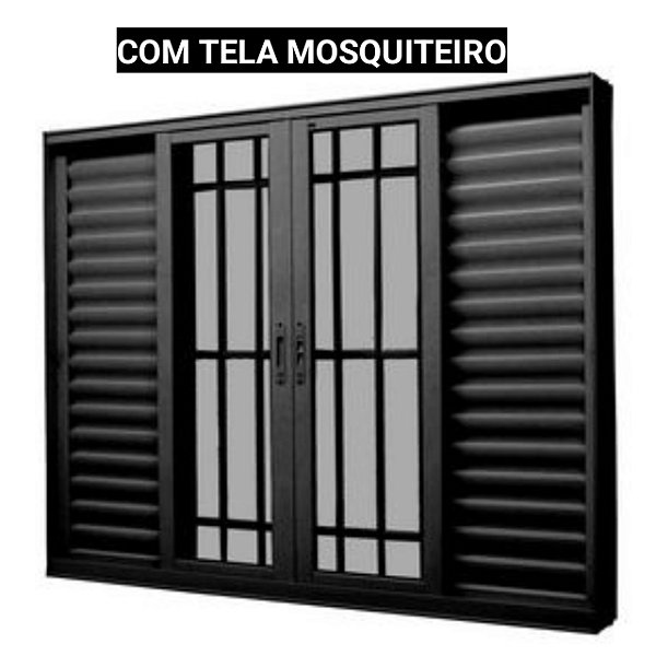 Janela veneziana alumínio preto 6 folhas com grade vidro liso incolor com tela mosquiteiro - jap perfecta max